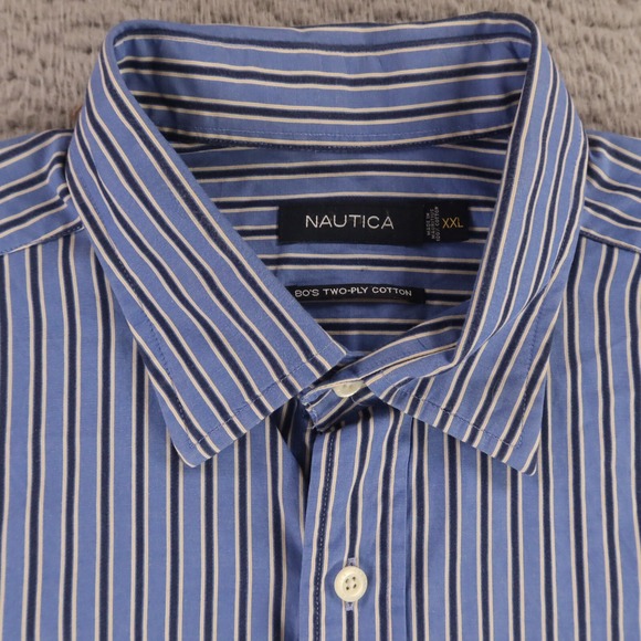 Nautica Shirt Mens 2XL Blue Striped 100% Cotton‎ 80s 2 Ply Pocket Logo Button Up - Picture 1 of 10